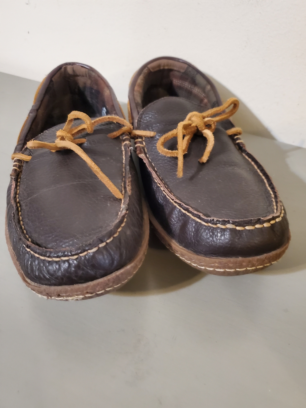L.L. Bean Dark Brown Leather Moccasin Slip-Ons with Tan Laces - Picture 2 of 7